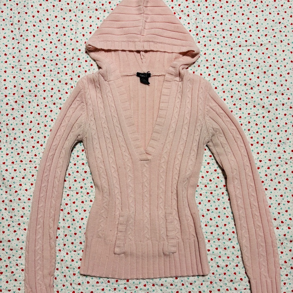 Y2K Rue21 Pink Cable Knit Hoodie Sweater Vintage 2000s Fitted Coquette